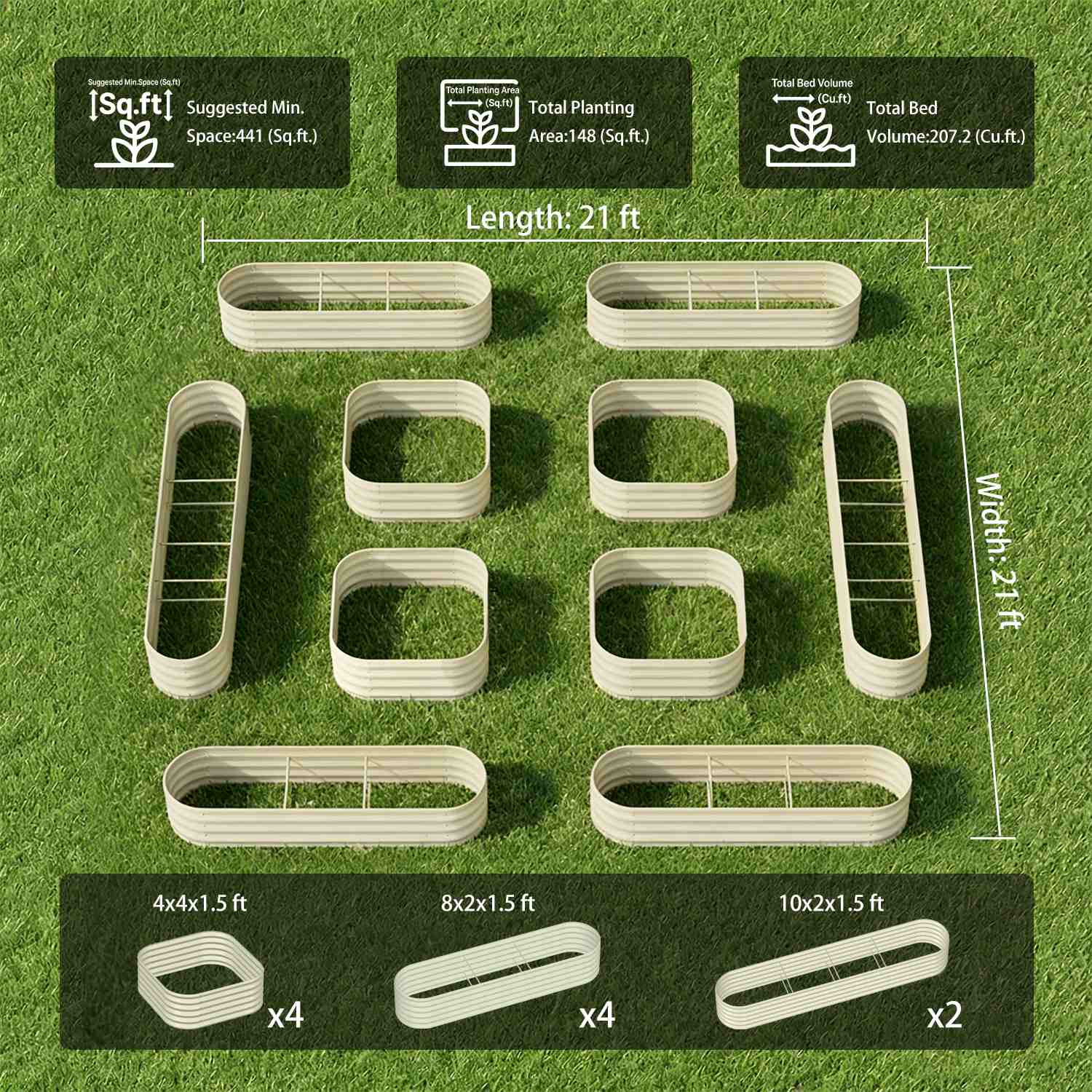 Compact Backyard Garden Layout – 18" Tall Raised Garden Bed Set (10 Beds)